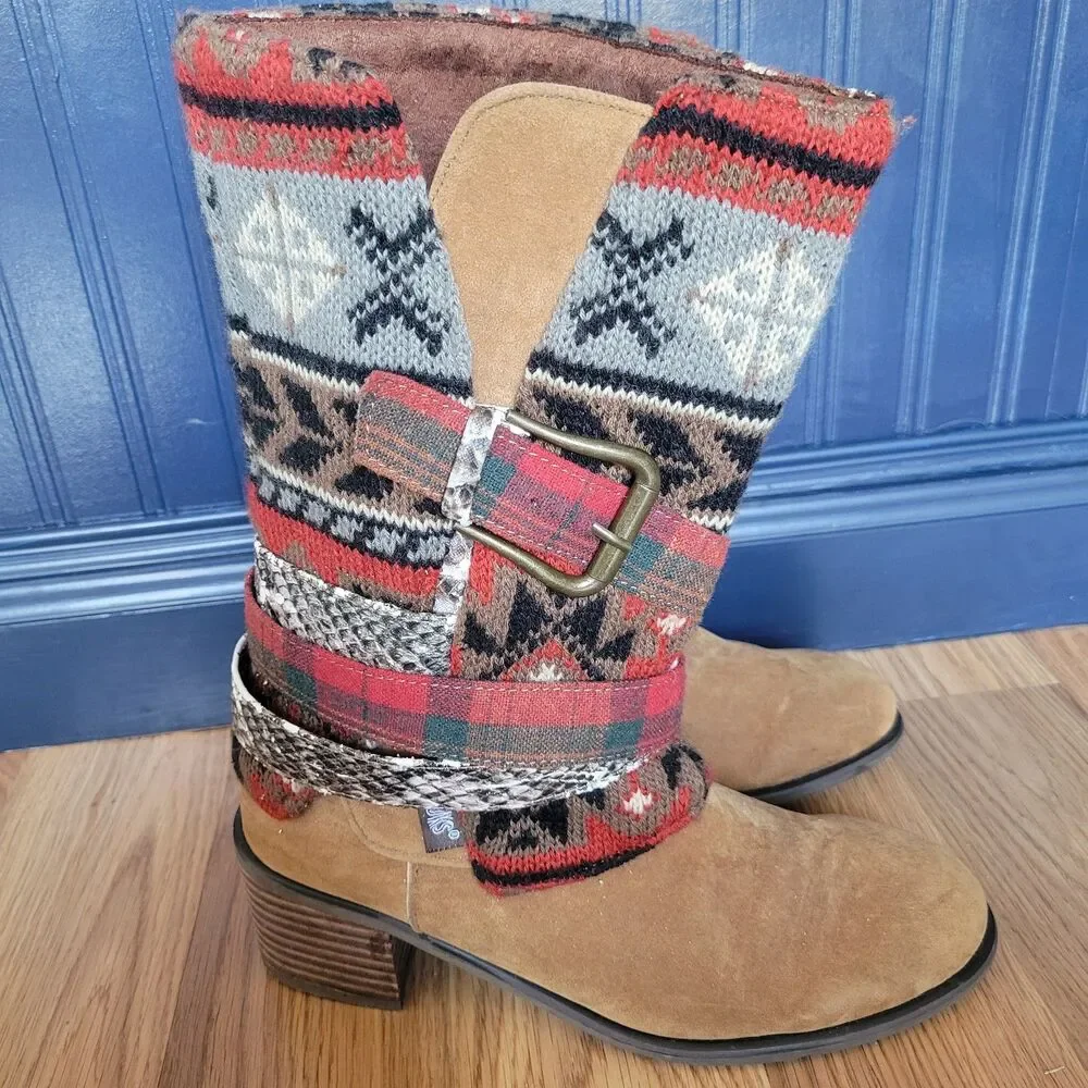 MUK LUKS Nikki Boots Size 7 Suede Winter Slouch Multi-Color Nordic Knit